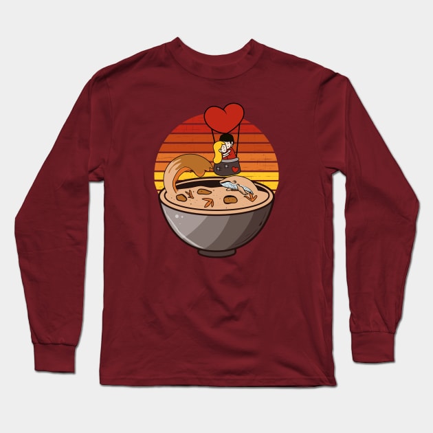 Flying over a ramen sea of noodle soup for Valentine day, whale and waves don't bother Long Sleeve T-Shirt by alcoshirts